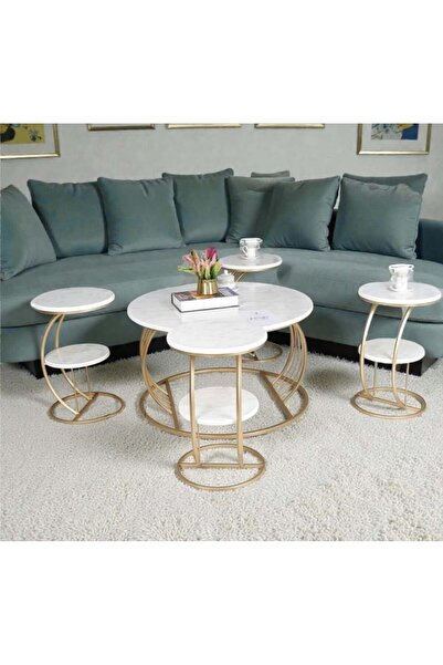 Talking Tables طقم طاولة قهوة وخدمة فاخر - سطح خشبي بتصميم رخامي وقواعد ذهبية...