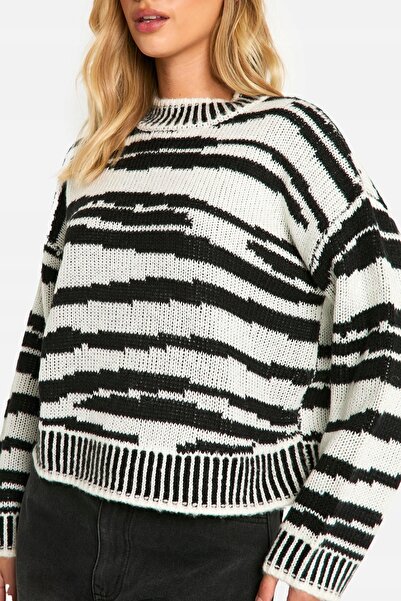 NO BRAND Pulover tricotat Boohoo cu mânecă lungă, cu model alb și negru, mări...