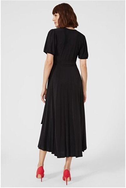 NO BRAND Rochie clasică neagră, decolteu tip plic, lungime midi, model 40
