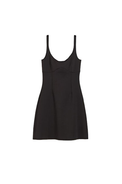 NO BRAND Rochie mini clasică neagră cu bretele, uni, croială trapez, L