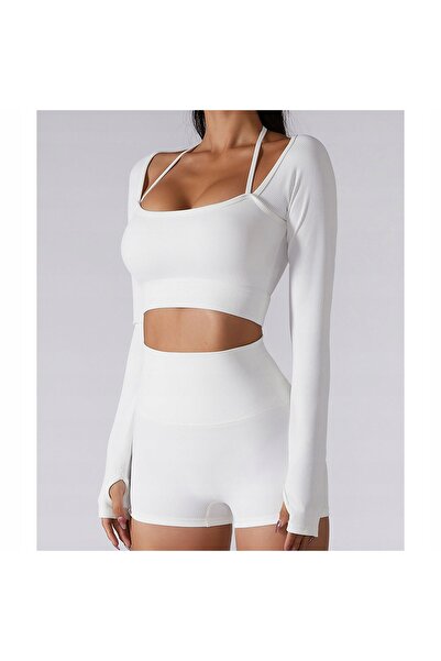 NO BRAND Top Bluză Scurtă Modernă Elastică Mânecă Lungă S Alb