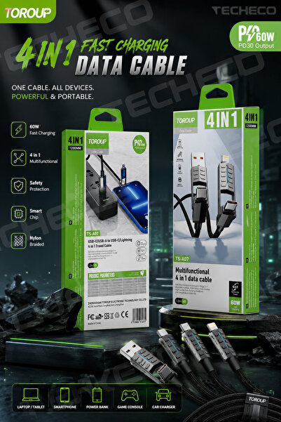 Toroup Cablu de date cu încărcare rapidă 4-în-1 TS-A07, USB-A/USB-C la USB-C ...