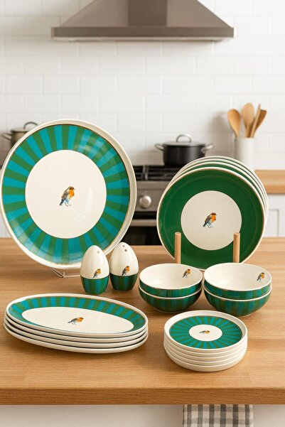 Onedekor Green Bird 23 Parça Porselen Kahvaltı Takımı Gold