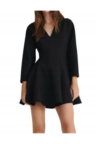 NO BRAND Rochie mini neagră cu imperfecțiuni, mânecă 3/4, decolteu în V, Rese...