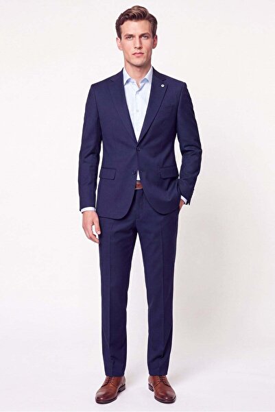 Efor Slim Fit Mono Collar Double Slit Wool Navy Blue Suit Tk 949