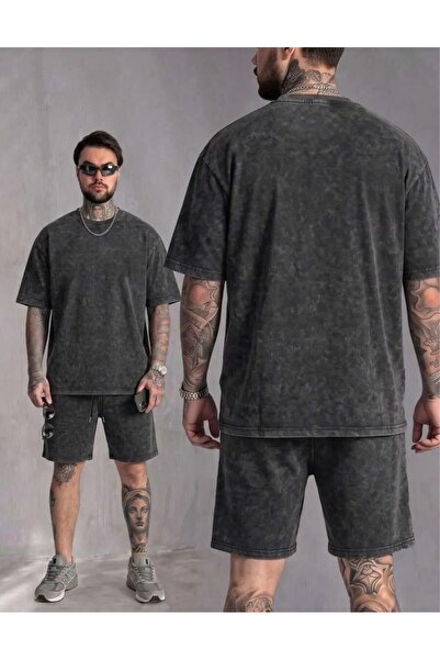 LAND MODA طقم رياضي صيفي للرجال من القطن، تي شيرت وشورت أسود كلاسيكي فضفاض بر...