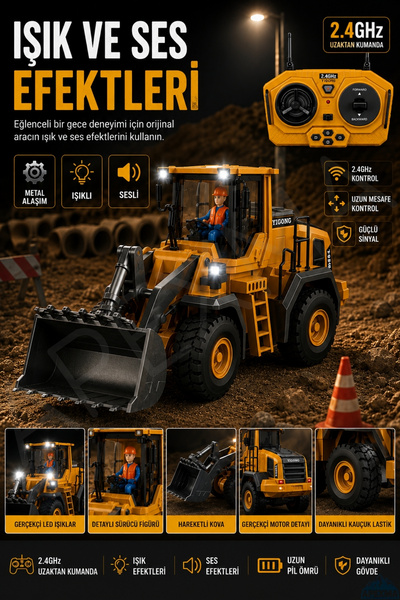 Apexma Oyuncak 2.4GHz Uzaktan Kumandalı Şarjlı 9 Kanallı Buldozer Sesli Işıkl...