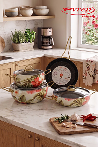 EVREN MUTFAK Evren, 7 Parça Krem Karanfil Desen Granit Tencere Seti Non-Stick...