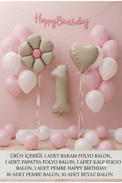 ÇAVUŞ E-TİCARET 1 Yaş Doğum Günü Parti Seti Pembe Beyaz Balon Seti Retro Past...