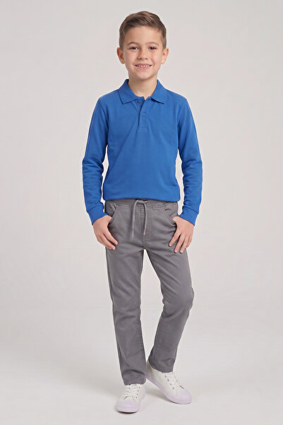 nacar çarşı Boy's Saks Blue Long Sleeve Polo Collar T-Shirt Gray Ribbed Waist...
