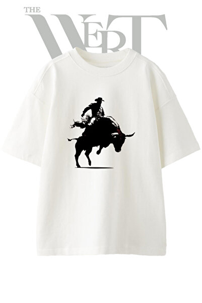 THEWERT Μπλουζάκι Unisex με στάμπα Bull Rider Design, λευκό, oversized