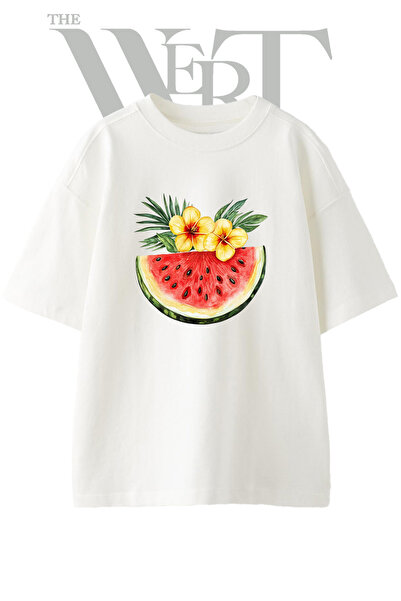 THEWERT Watermelon Flower Design Printed Unisex White Oversize T-Shirt