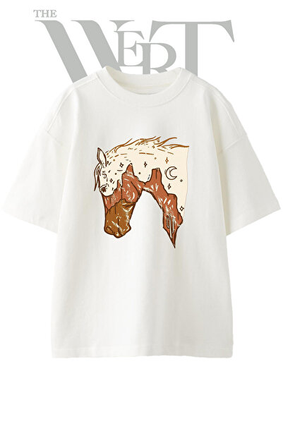 THEWERT Western Horse Design Printed Unisex White Oversize T-Shirt