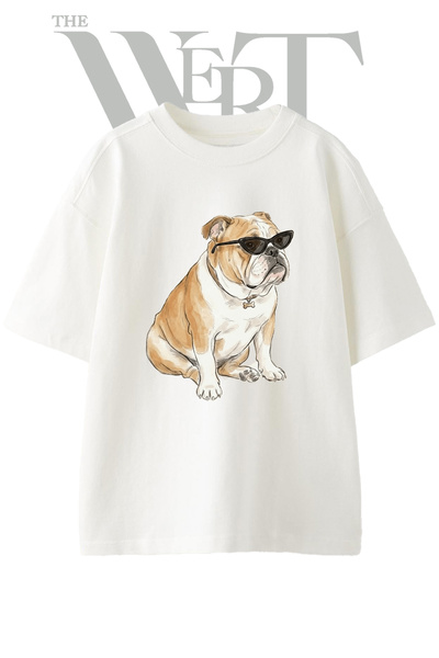 THEWERT Tricou supradimensionat alb unisex cu imprimeu Bulldog Gozluk Design