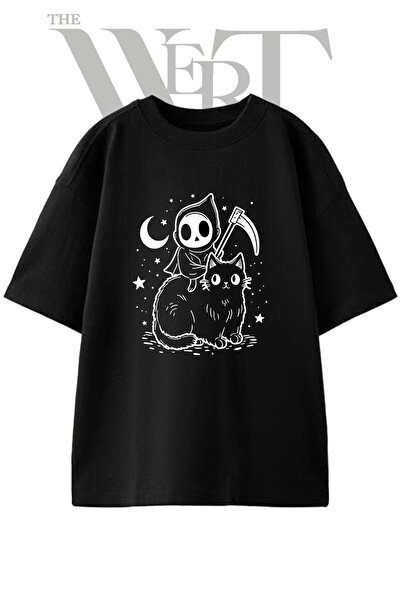 THEWERT Reaper Cat dizajn, štampana unisex crna majica prevelikog kroja