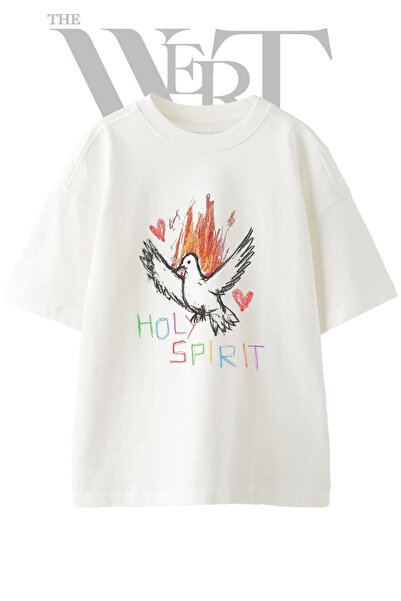 THEWERT Μπλουζάκι με στάμπα Holy Spirit Design, Unisex, λευκό, oversized