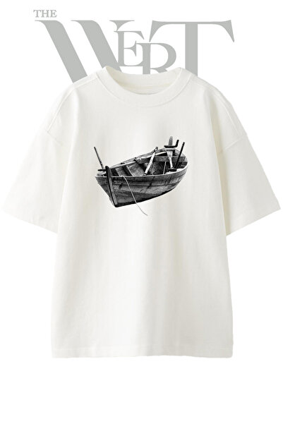 THEWERT Ξύλινο Kayik_1 Σχέδιο με στάμπα Unisex Λευκό Oversize T-shirt