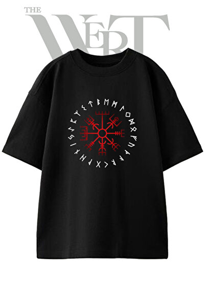 THEWERT Helm of Awe Design Printed Unisex Black Oversize T-Shirt