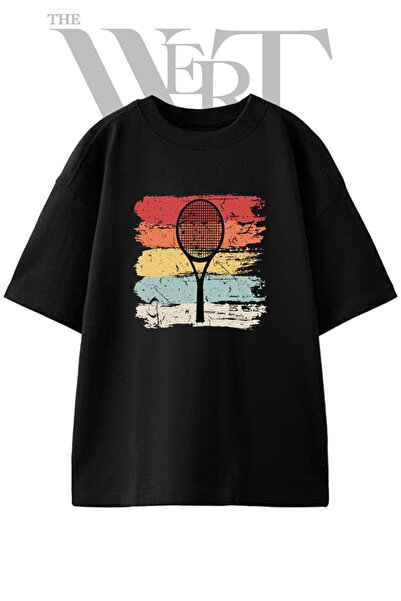 THEWERT Tricou oversize negru unisex cu imprimeu cu design rachetă de tenis v...