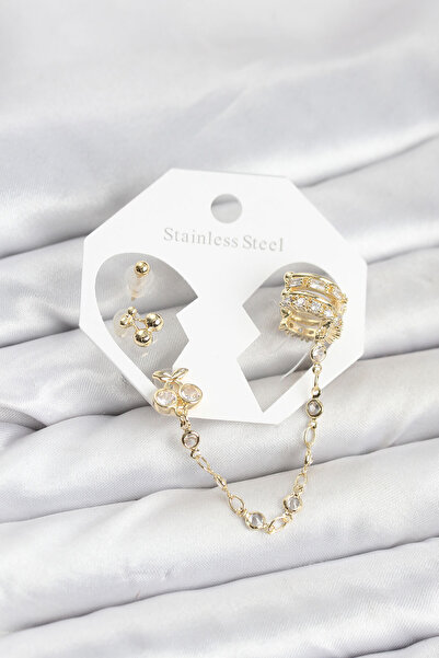 Mega Bazaar Cherry Model Brass Gold Color Chain Linked Ear Cuff Earring Set