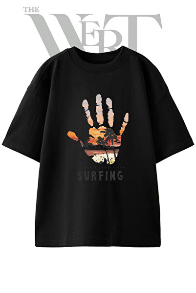 THEWERT Surfing Handprint Design Printed Unisex Black Oversize T-Shirt