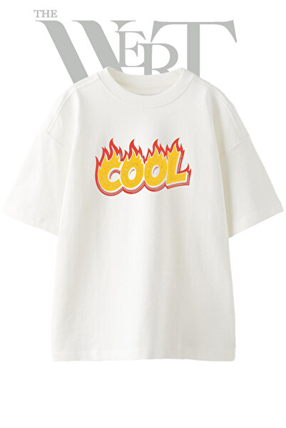 THEWERT Cool Flame Design Printed Unisex White Oversize T-Shirt