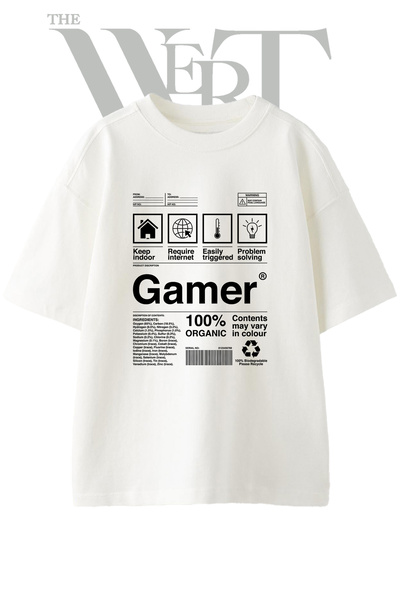 THEWERT Μπλουζάκι με στάμπα Gamer Label Design, Unisex, λευκό, oversized