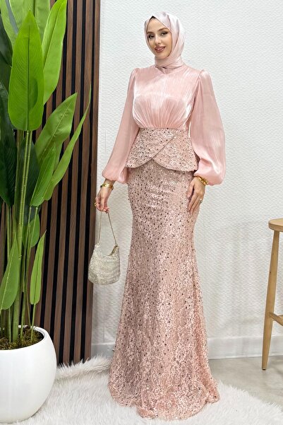 Lamia Giyim Marcella Dantel İşleme Abiye Soft Pembe