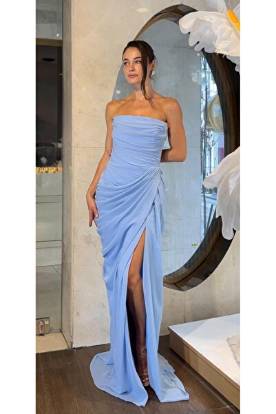 SpringStore Mavi Straplez Yırtmaç Detaylı Şifon Abiye