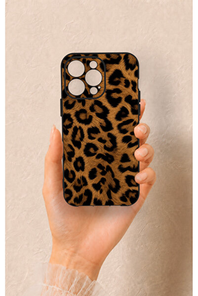 Vip Case iPhone 14 Pro Max Uyumlu Koyu Leopar Deri Desenli Silikon Kılıf