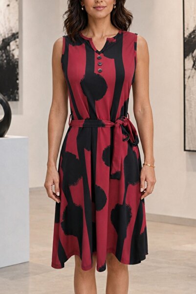 Mossta Sleeveless V-Neck Belted Patterned Single Jersey Dress - Burgundy