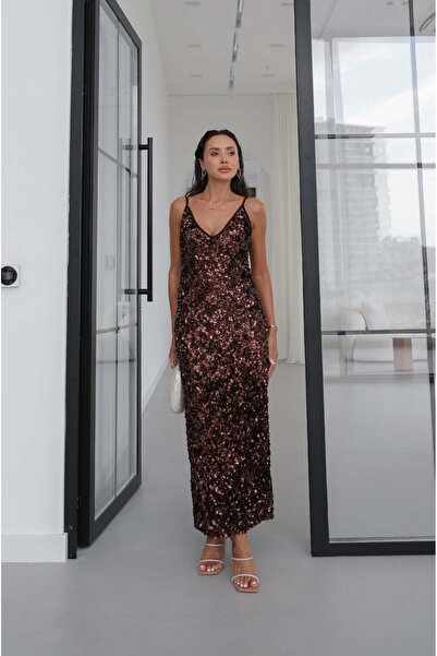 Havoş Brown Shine Sequined Long Dress