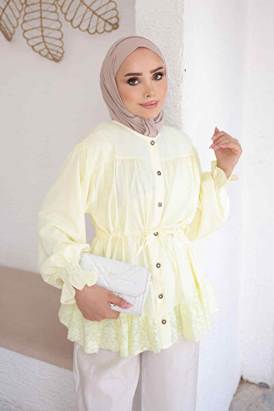 İmajButik Sarı Kol Lastikli Eteği Dantelli Gömlek