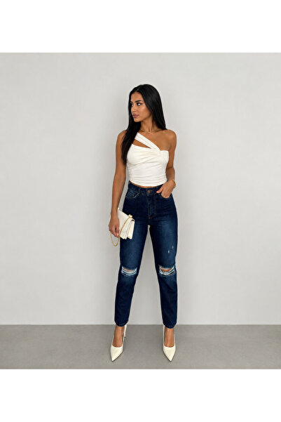SHEVEGA Pantaloni din denim Mom Jean, stil boyfriend, albastru marin, cu tali...