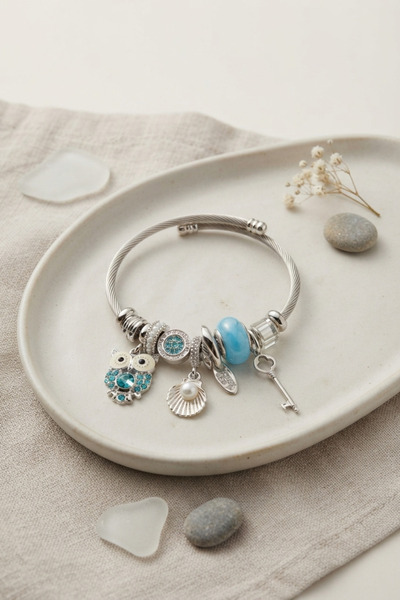 Mega Bazaar Silver Color Bracelet with Blue Owl Charm