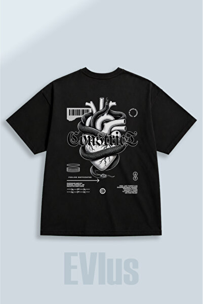EVIus Tricou negru supradimensionat, cu imprimeu Constrict, 100% bumbac, cu d...