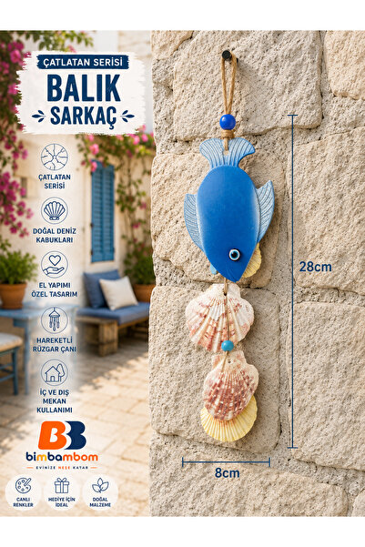 bimbambom Deniz Kabuklu, Balık Sarkaç,Rüzgar Çanı, Dekoratfi Duvar süsü Çatla...