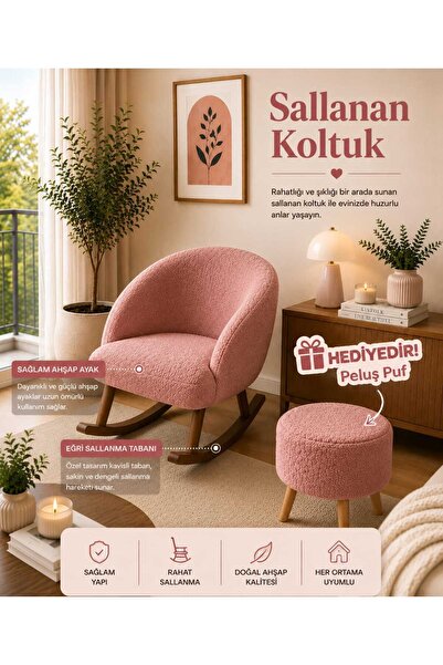 DEKOZUM LAVİN Sallanan Koltuk Berjer Koltuk Teddy Kumaş Ahşap Ayaklı PUF HEDİ...