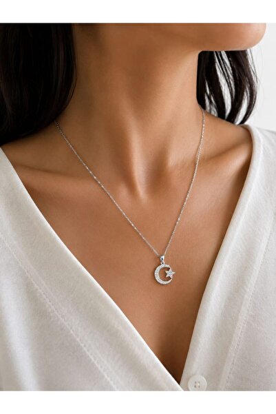 CM Jewelry قلادة من الفولاذ باللون الفضي مرصعة بحجر الزركون على شكل نجمة القمر