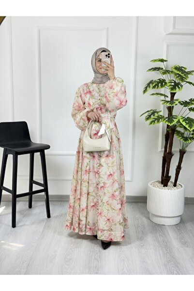 Sovel 26140 Floral Patterned Dress with Belt Detail