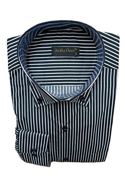 nightblack White Navy Blue Striped Regular Single Pocket Men's Shirt