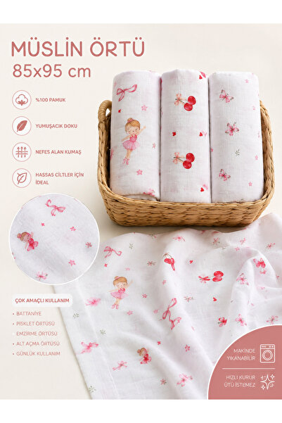 MUNA Baby Atelier Çok Amaçlı Müslin Örtü 3 lü Set %100 Pamuk (85x95)