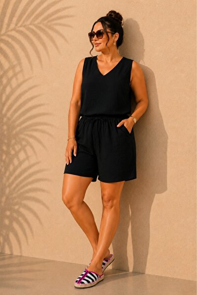 FOR ESRA BIG TREND Women's Plus Size Sleeveless V-Neck Bottom Shorts Elastic ...
