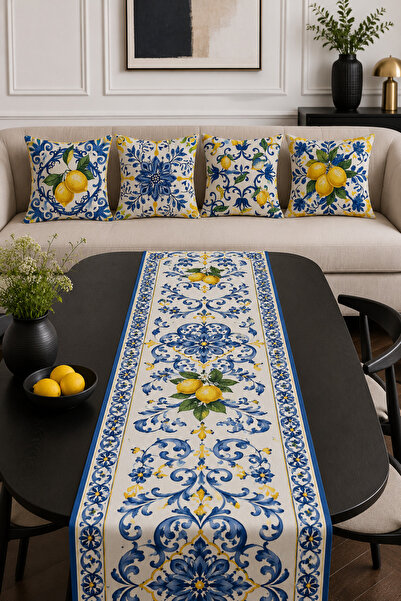 HOMESSA طقم غطاء وسادة أزرق وأصفر بتصميم الليمون الباروكي مع 4 أغطية وسائد إض...