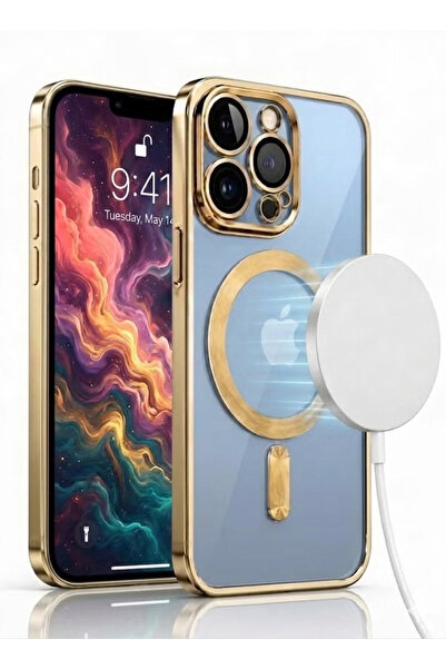 Generic Brand MagSafe Magnetic Clear Case for Apple iPhone 13 Pro Max 6.7 inch – Slim Shockproof Protective Cover with Bumper and Camera Lens Protection - Gold