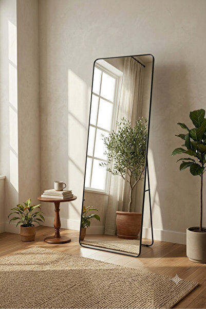Binshihon Home Modern Black Framed Full Length Mirror with Standing Backboard