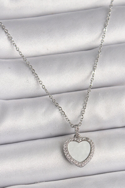 Mega Bazaar 316L Steel Silver Color Chain Zircon Stone White Enamel Heart Mod...