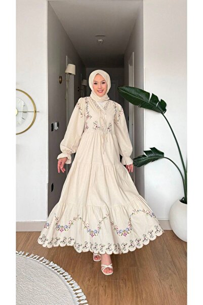 Nes Moda Kadın Etamin Nakışlı Belden Lastikli Keten Tesettür Elbise