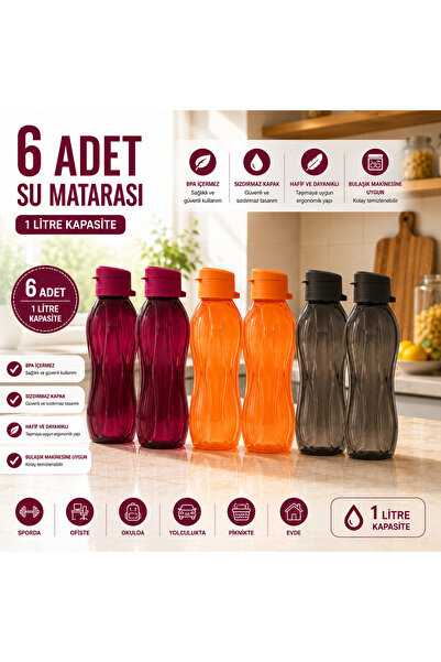 Dünya Sünger 1 Litre Su Matarası BPA İçermez 6 Adet Renkli 1. Kalite Sızdırma...