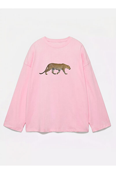Disante 100% bumbac, cu potrivire oversize, imprimeu leopard - tricou cu mâne...